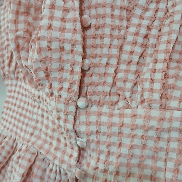 Guess sz S Pink and White Plaid Button-up Short Sleeve Peasant Blouse - Picture 4 of 14